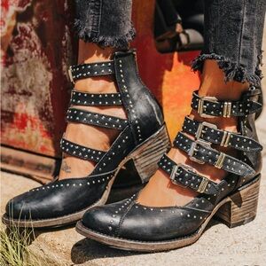 FREEBIRD Felicity Western Studded Black Heeled Leather Shoes